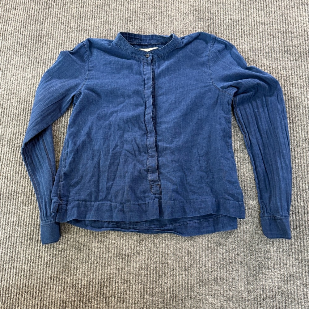 Madewell Band Collar Blouse Women Solid Blue Hidden Button Cotton Blend Top